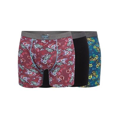 Big and tall pack of three dark red and navy floral car print and plain black keyhole trunks